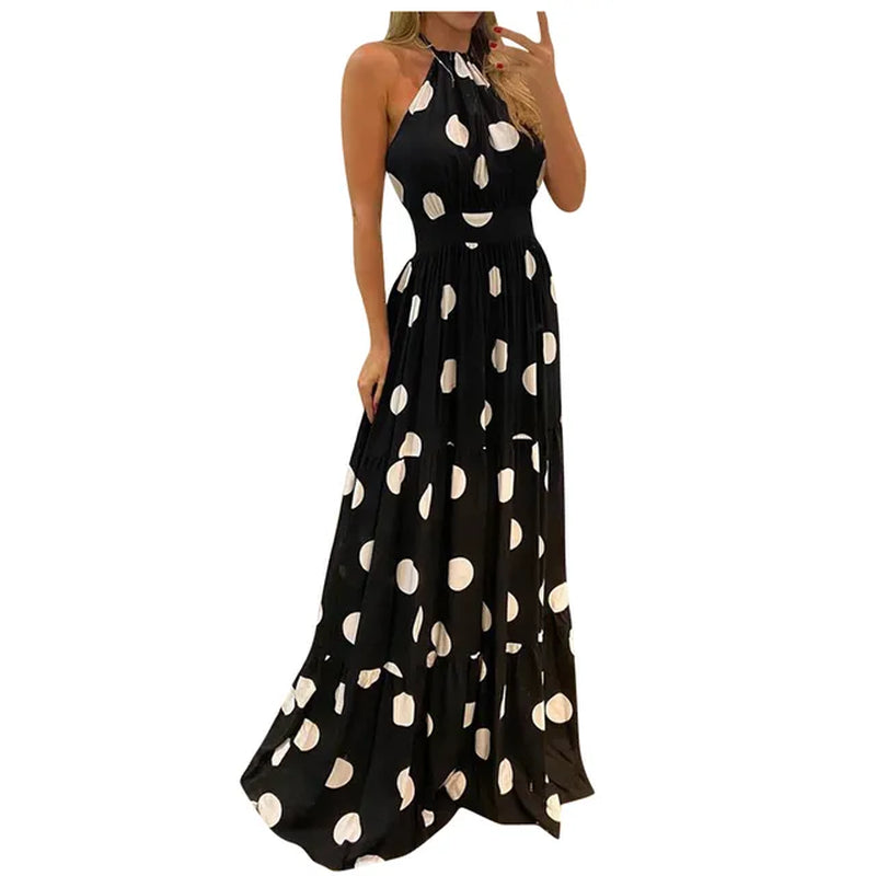 Women Tropical Boho Fashion Print Halter Backless Maxi Dress Sexy Sleeveless Summer Beach Holiday Loose Pleated Dress Robe