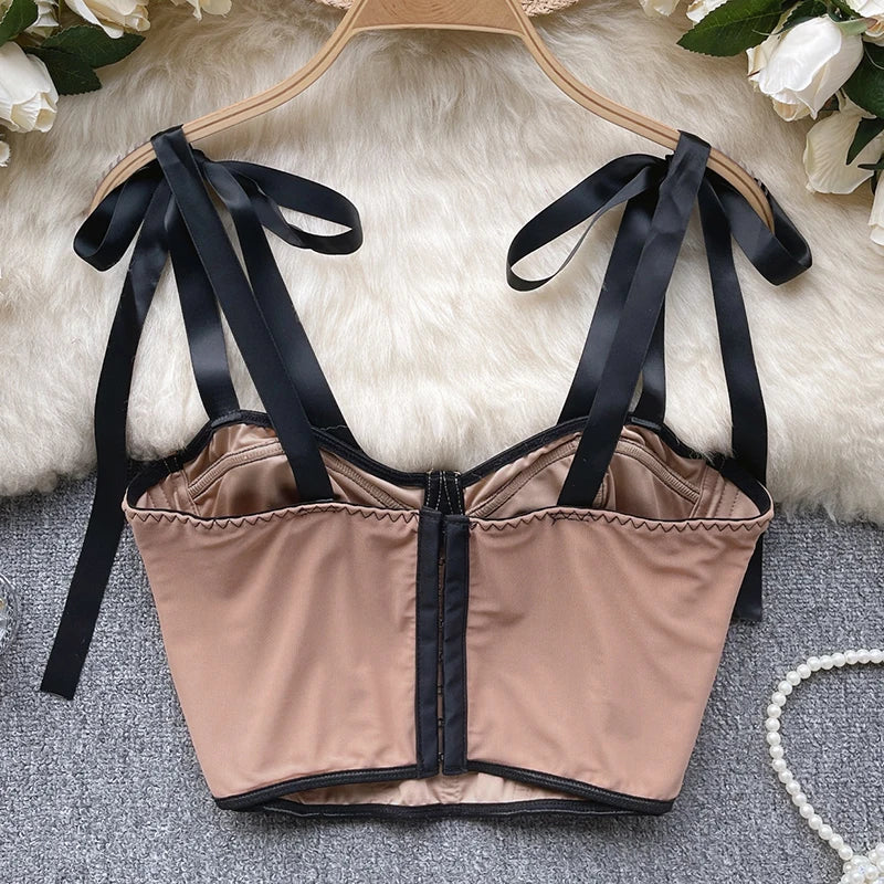 Women Lace up Straps Crop Tops Patchwork Stripe Sexy Tank Top Beach Camis Streetwear Tube Tops Women 2024 Spring Summer