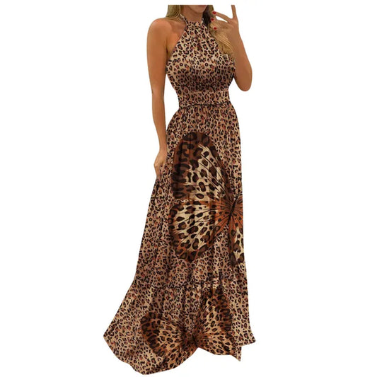 Women Tropical Boho Fashion Print Halter Backless Maxi Dress Sexy Sleeveless Summer Beach Holiday Loose Pleated Dress Robe